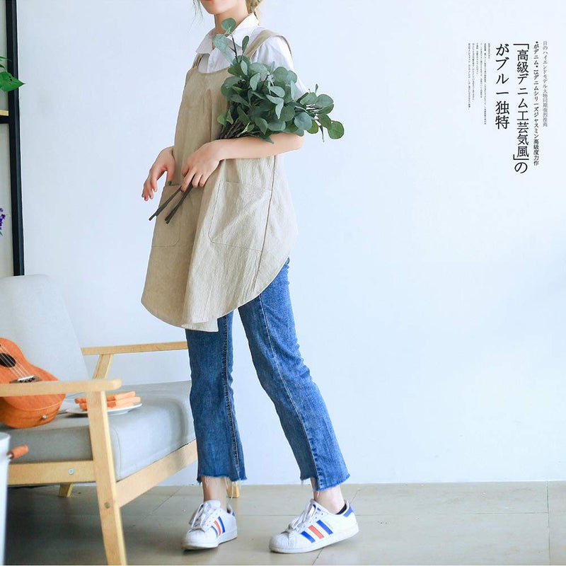 NEWGEM Japanese Linen Cross Back Kitchen Cooking Aprons for Women with Pockets Cute for Baking Painting Gardening Cleaning Khaki - Image 2